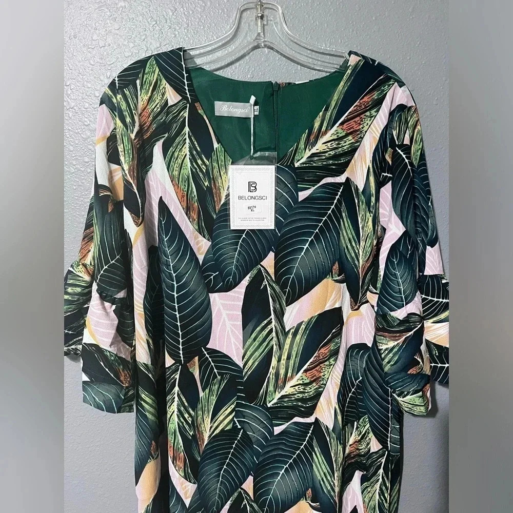 NWT Belongsci Green Tropical Floral Leaf Shift Dress XL Bell Sleeves Lined TWE - Picture 2 of 6